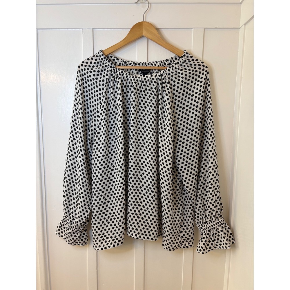 Banana Republic Womens XL Black White Polka Dot Smocked Cuff Blouse Top RN54023